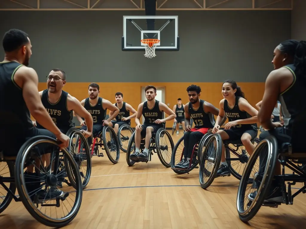 A group of diverse individuals participating in a wheelchair basketball game, showcasing inclusivity and teamwork.