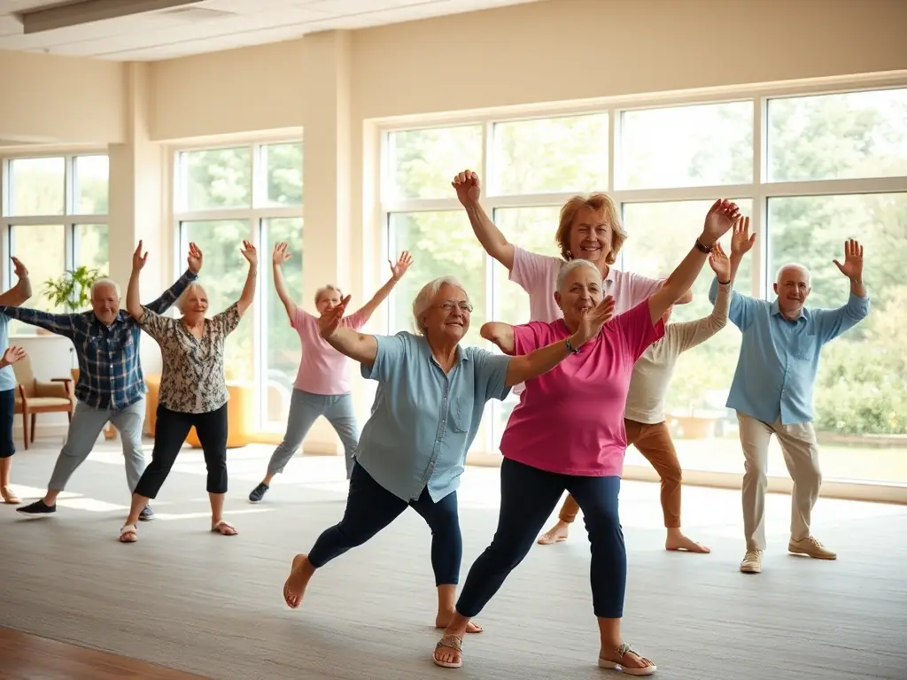 Seniors participating in a gentle exercise class, emphasizing the importance of physical activity for maintaining health and mobility in older adults.