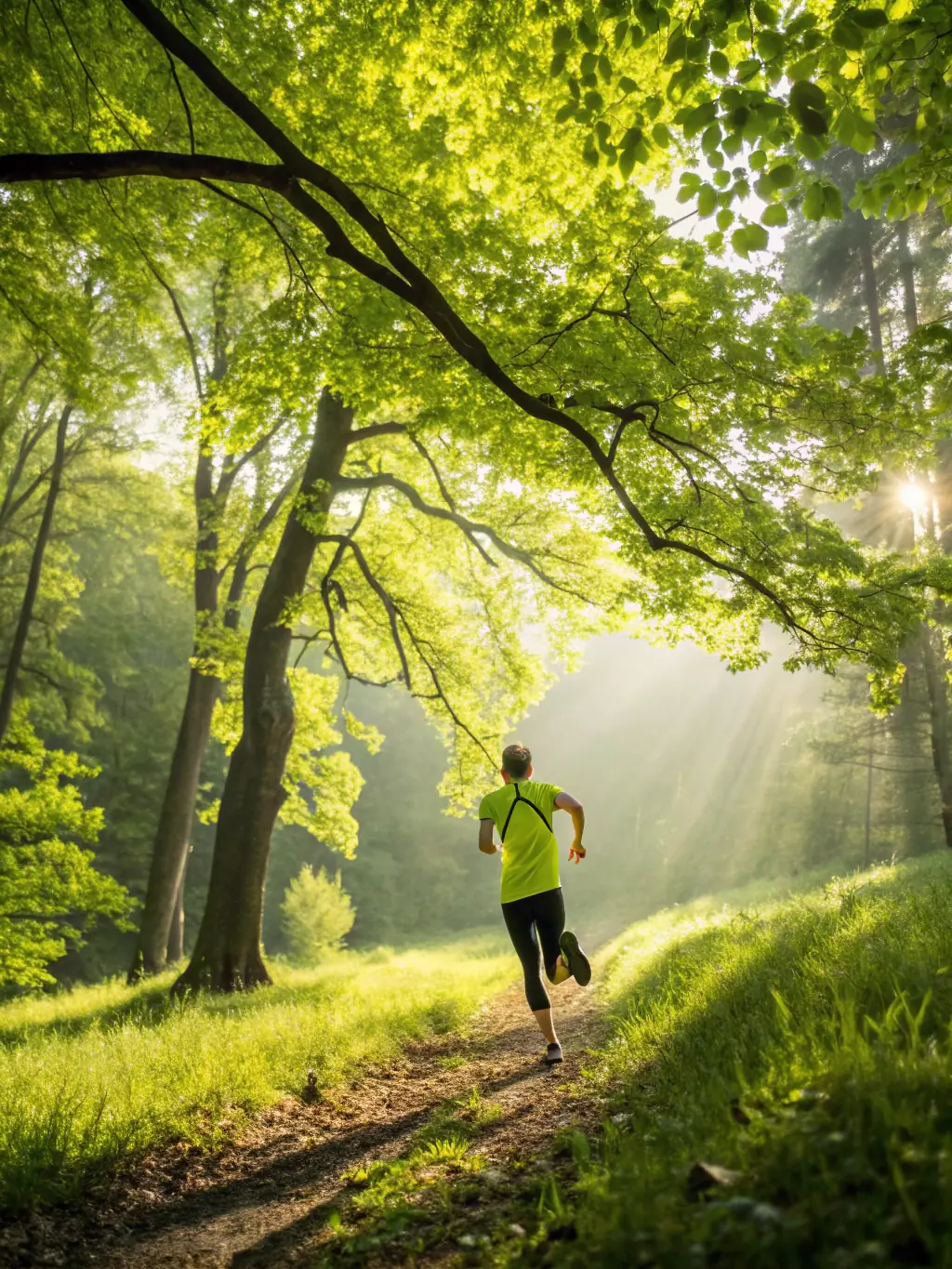A person jogging in a park, surrounded by lush greenery, with a focus on their healthy posture and determined expression, symbolizing the physical health benefits of sports.