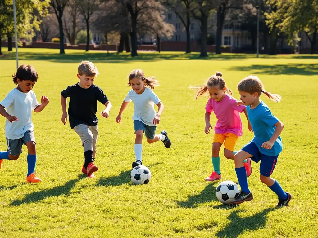 A group of children playing soccer in a park, showcasing the joy and teamwork fostered through sports programs.