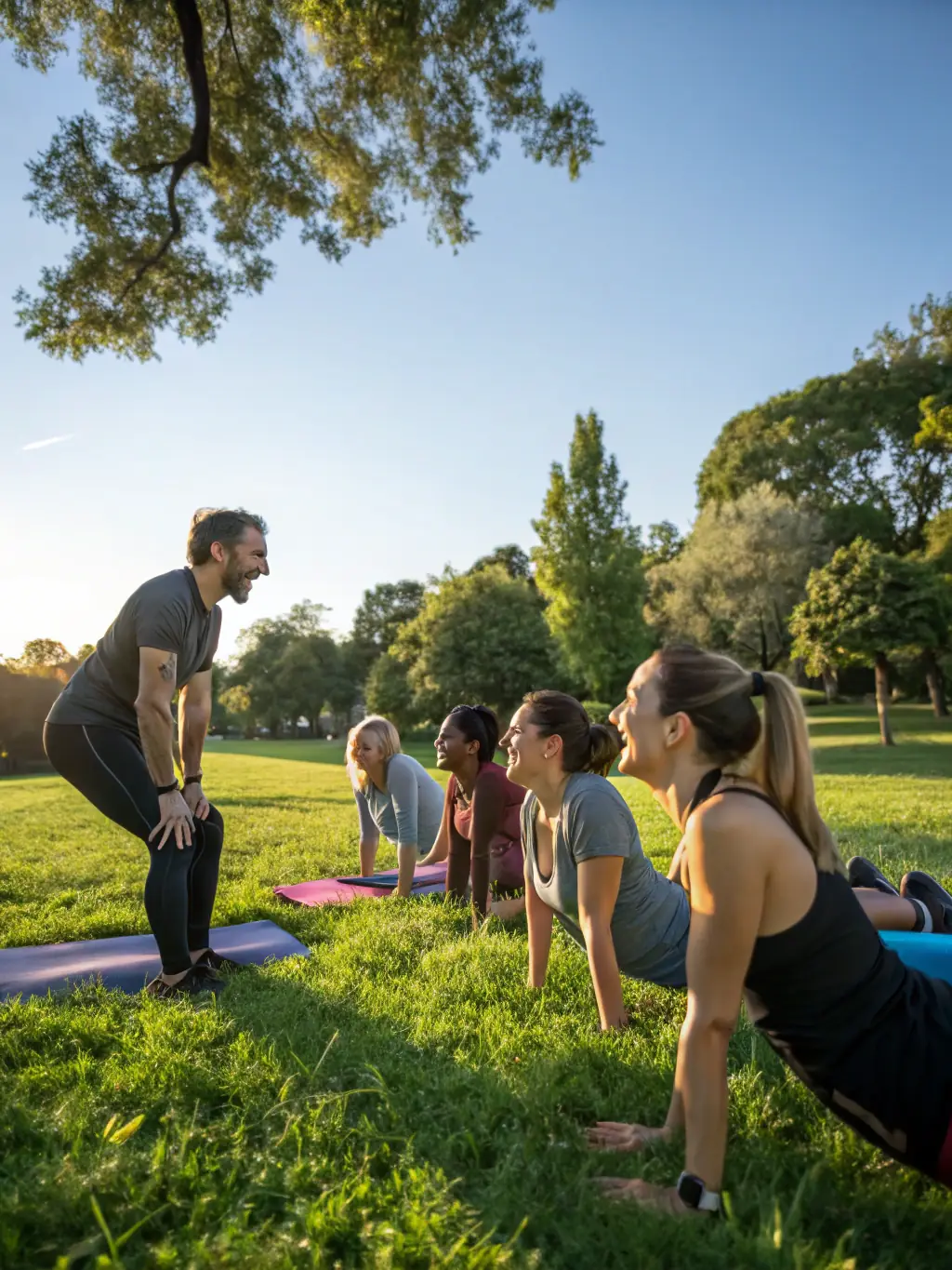 A group of adults participating in a Nordic walking session in a scenic park, using poles to enhance their workout. The participants are enjoying the fresh air and beautiful surroundings.