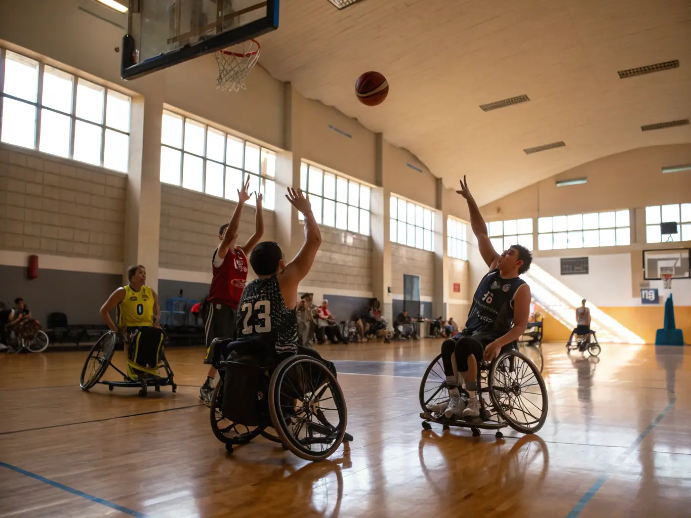 A group of diverse individuals participating in a wheelchair basketball game, showcasing inclusivity and teamwork.