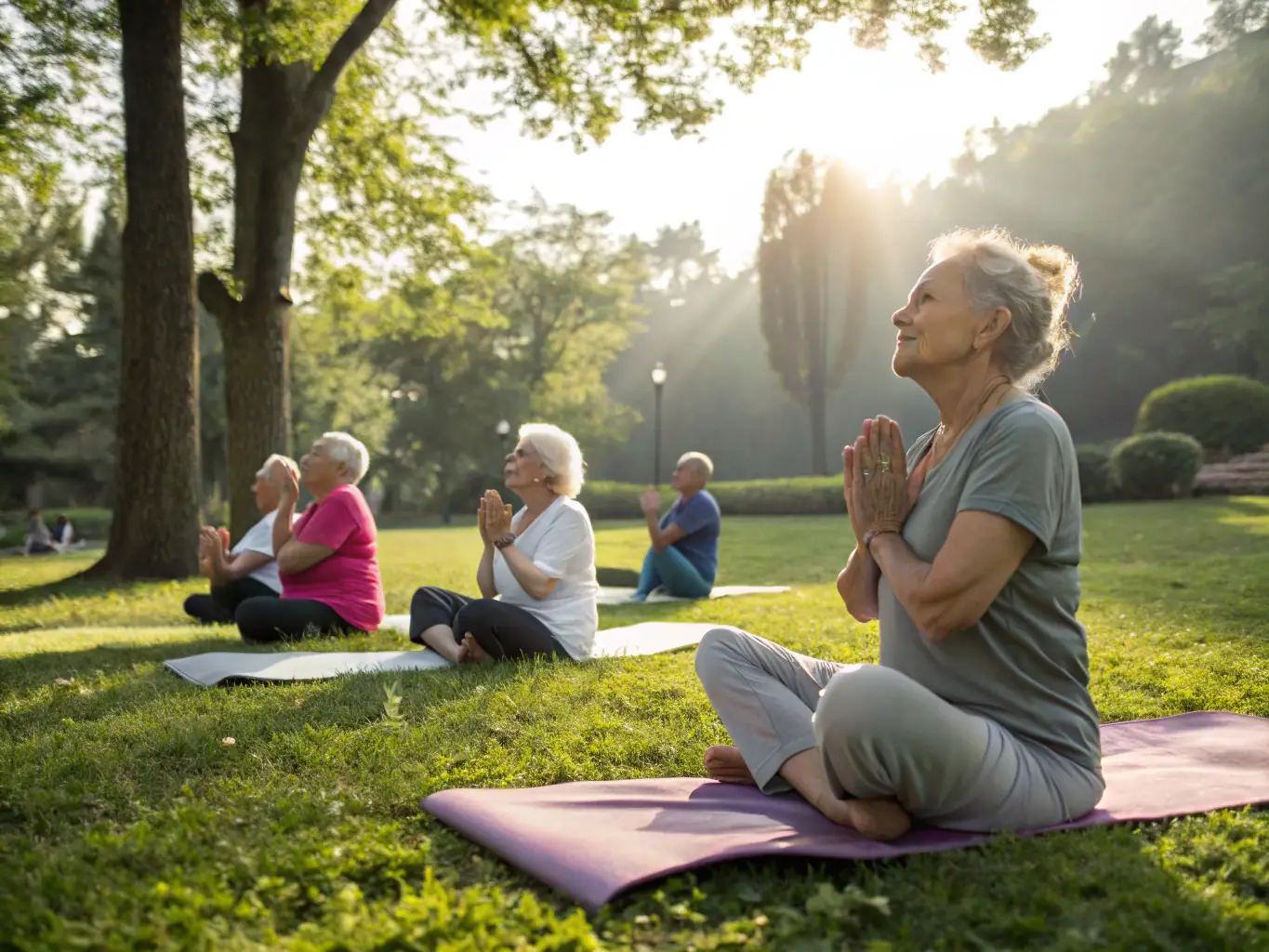 A scenic image of a group of seniors participating in a gentle exercise class outdoors, highlighting the benefits of sports for older adults.