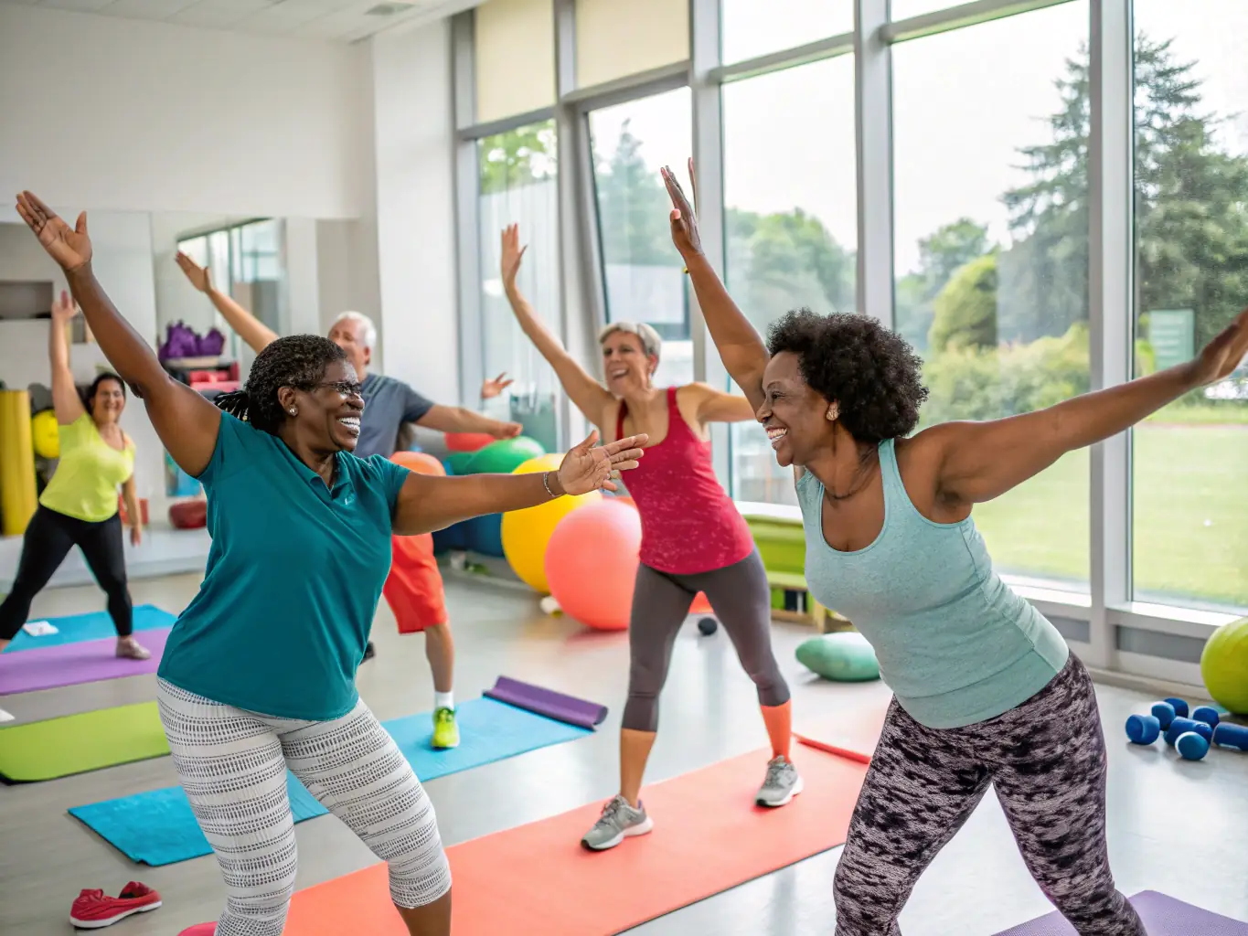 A diverse group of adults participating in a fitness class, emphasizing the organization's commitment to promoting health and well-being for all ages.