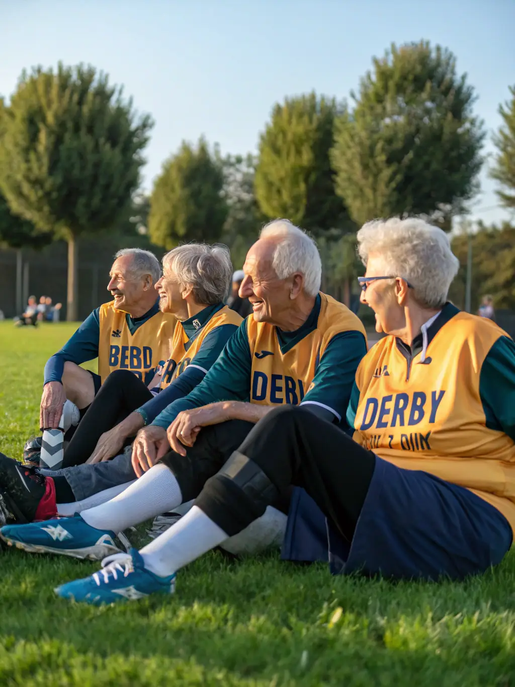 Seniors participating in a walking football session on a well-maintained sports field, with coaches providing guidance and encouragement. The seniors are enjoying the exercise and camaraderie.