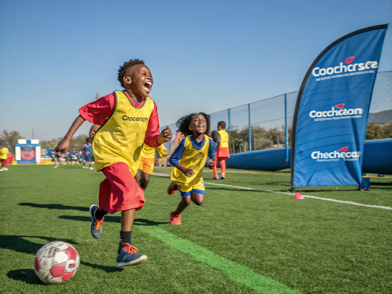 A vibrant image of children participating in a fun and engaging sports camp, emphasizing youth development and healthy habits.
