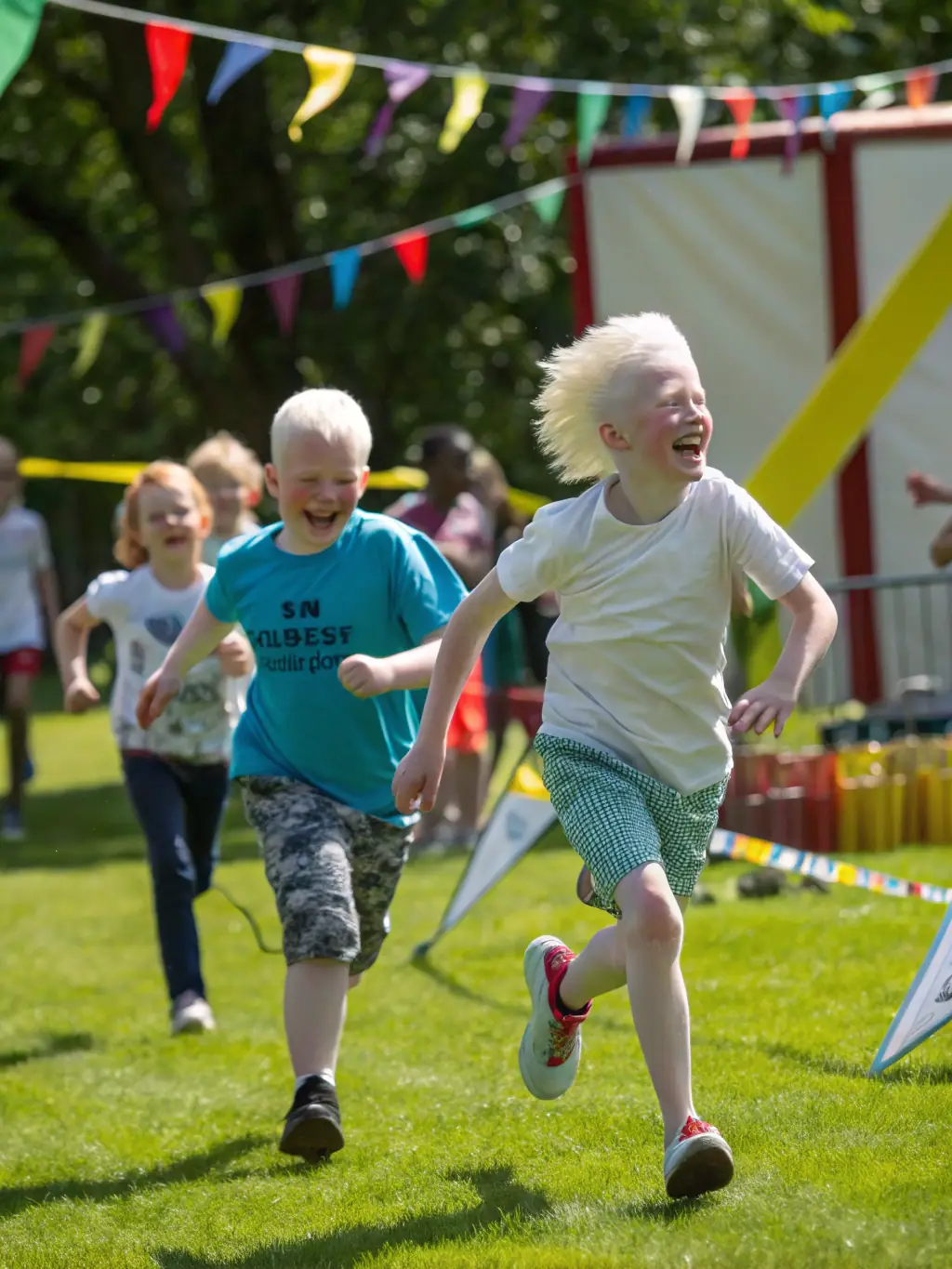 A group of children playing adapted sports, with modifications to suit their individual needs, in an outdoor setting. The children are laughing and enjoying themselves, supported by coaches.