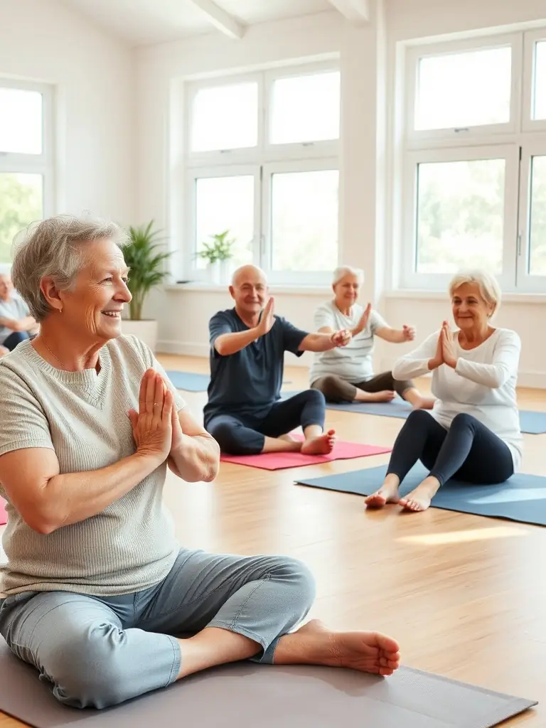 A diverse group of people participating in a gentle gymnastics class, led by an instructor, in a bright and spacious community hall. The participants are of varying ages and fitness levels, all smiling and engaged.